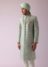 Sea Green Silk Embroidered Sherwani Set