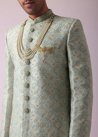 Sea Green Silk Embroidered Sherwani Set