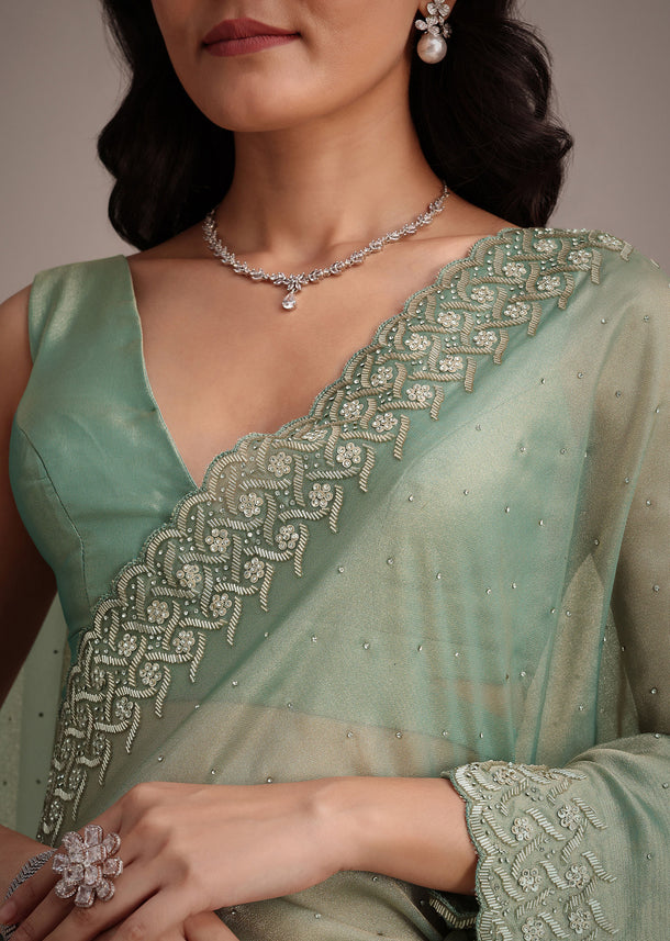 Sea Green Tissue Saree With Cutdana And Stone Embroidery