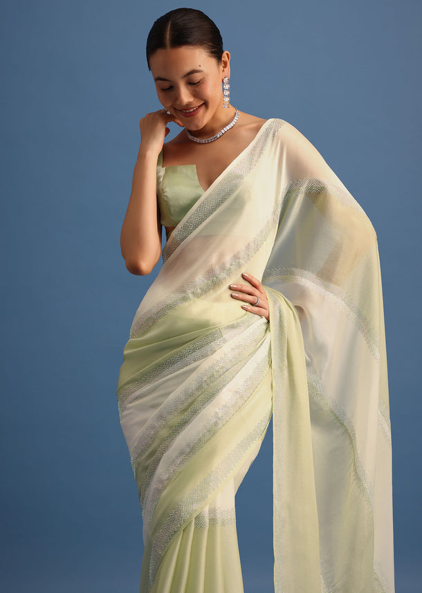 Sea Green Tissue Saree With Swarovski Work And Unstitched Blouse