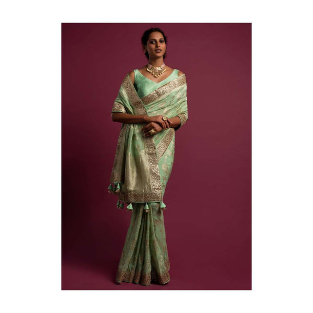 Seafoam Green Banarasi Saree In Georgette With Weaved Floral Jaal Online - Kalki Fashion