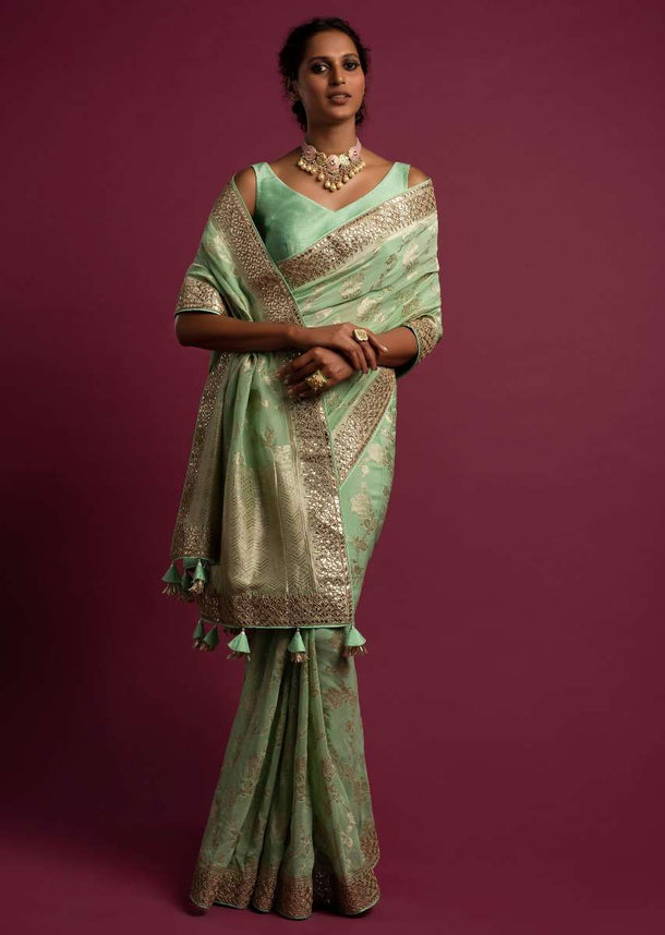 Seafoam Green Banarasi Saree In Georgette With Weaved Floral Jaal Online - Kalki Fashion