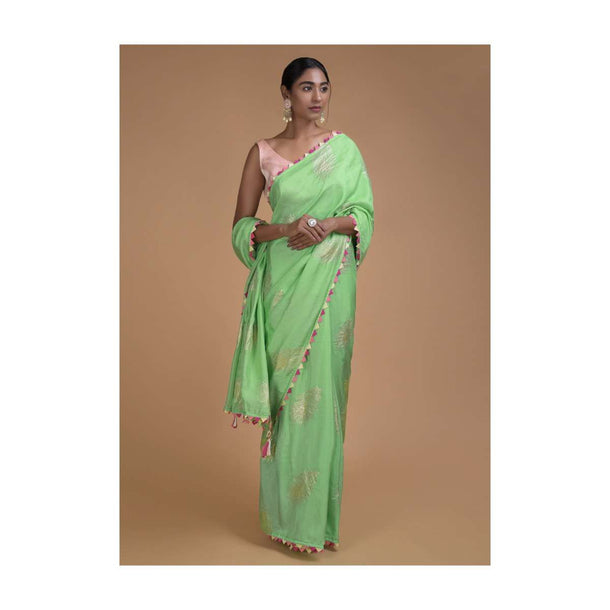 Seafoam Green Saree In Cotton Silk With Weaved Peacock Feather Motifs Online - Kalki Fashion