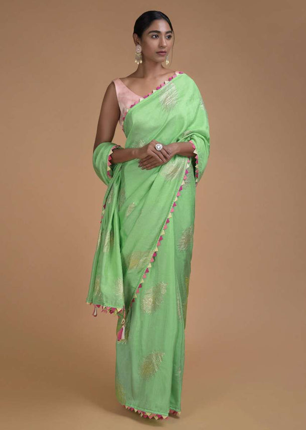 Seafoam Green Saree In Cotton Silk With Weaved Peacock Feather Motifs Online - Kalki Fashion