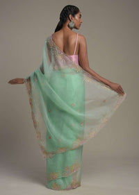 Seafoam Green Saree In Organza With Hand Embroidered Floral Design And Unstitched Blouse