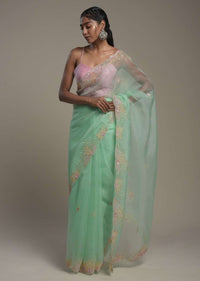 Seafoam Green Saree In Organza With Hand Embroidered Floral Design And Unstitched Blouse