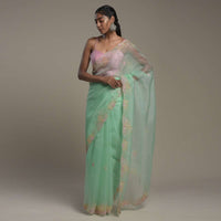 Seafoam Green Saree In Organza With Hand Embroidered Floral Design And Unstitched Blouse