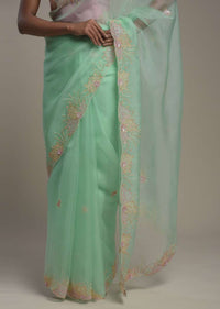 Seafoam Green Saree In Organza With Hand Embroidered Floral Design And Unstitched Blouse