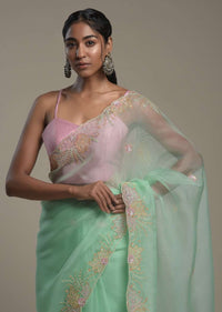 Seafoam Green Saree In Organza With Hand Embroidered Floral Design And Unstitched Blouse