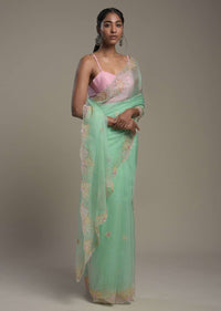 Seafoam Green Saree In Organza With Hand Embroidered Floral Design And Unstitched Blouse