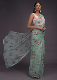 Seafoam Green Saree In Organza With Printed Floral Motifs In Repeat Pattern Online - Kalki Fashion