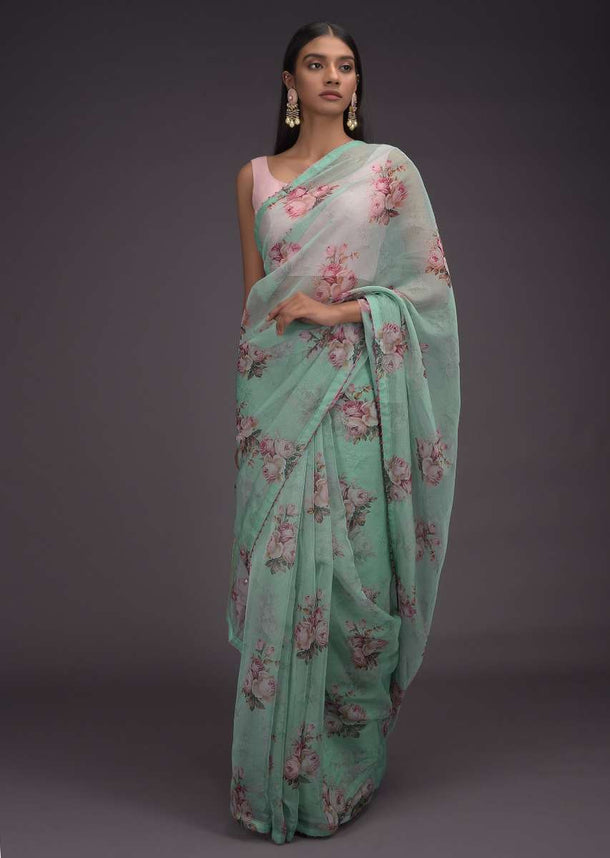 Seafoam Green Saree In Organza With Printed Floral Motifs In Repeat Pattern Online - Kalki Fashion