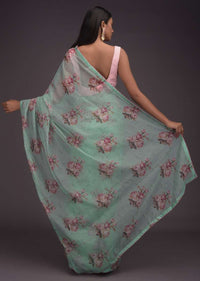 Seafoam Green Saree In Organza With Printed Floral Motifs In Repeat Pattern Online - Kalki Fashion