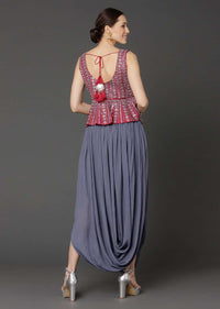 Seal Grey Skirt With Cowl Drape And Maroon Peplum Top Online - Kalki Fashion