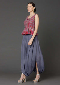 Seal Grey Skirt With Cowl Drape And Maroon Peplum Top Online - Kalki Fashion