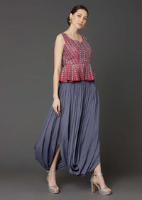 Seal Grey Skirt With Cowl Drape And Maroon Peplum Top Online - Kalki Fashion