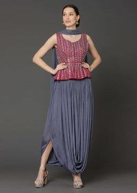 Seal Grey Skirt With Cowl Drape And Maroon Peplum Top Online - Kalki Fashion