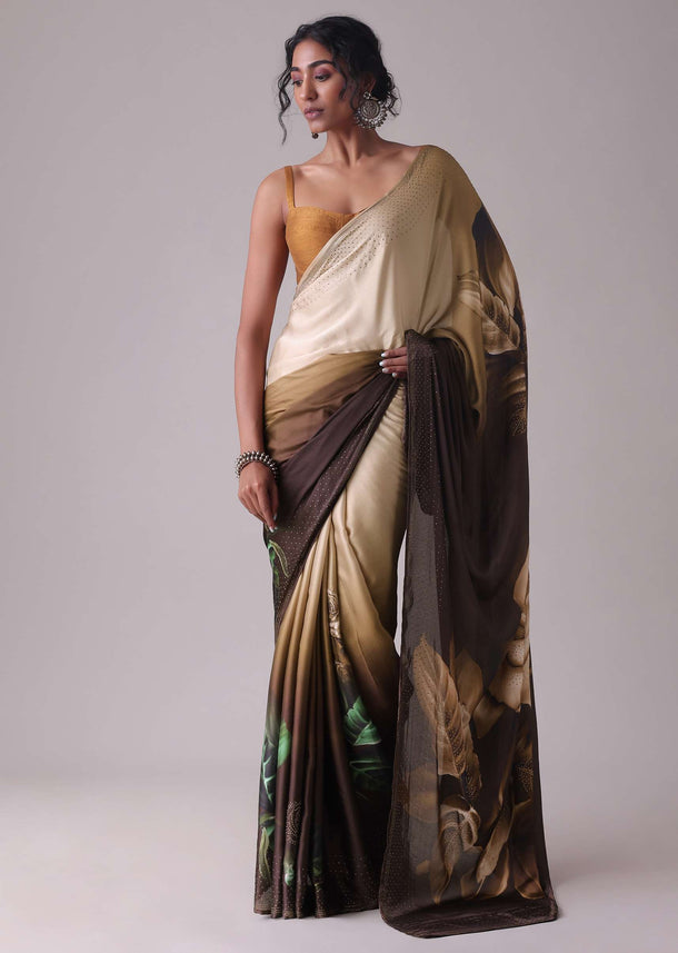 Seal Brown Printed Saree With Swarovski Embellishment