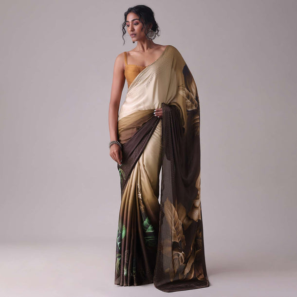 Seal Brown Printed Saree With Swarovski Embellishment