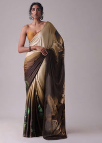 Seal Brown Printed Saree With Swarovski Embellishment