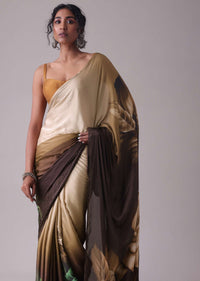 Seal Brown Printed Saree With Swarovski Embellishment