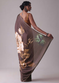 Seal Brown Printed Saree With Swarovski Embellishment