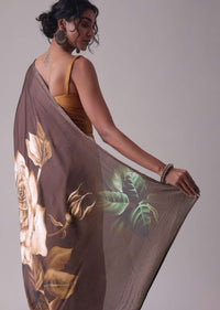 Seal Brown Printed Saree With Swarovski Embellishment