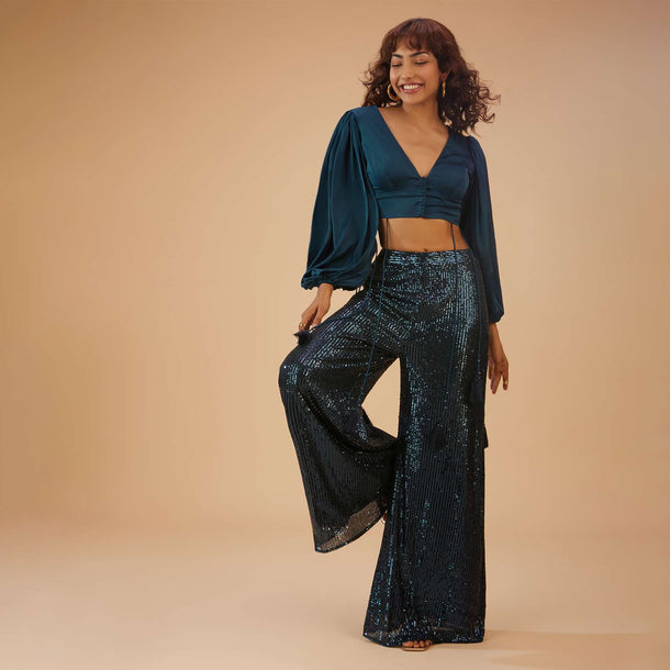 Persian Blue Palazzo And Crop-Top Set