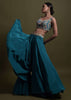 Seaside Blue Crop Top And Palazzo With Embossed Embroidery And Hand Crafted Cape