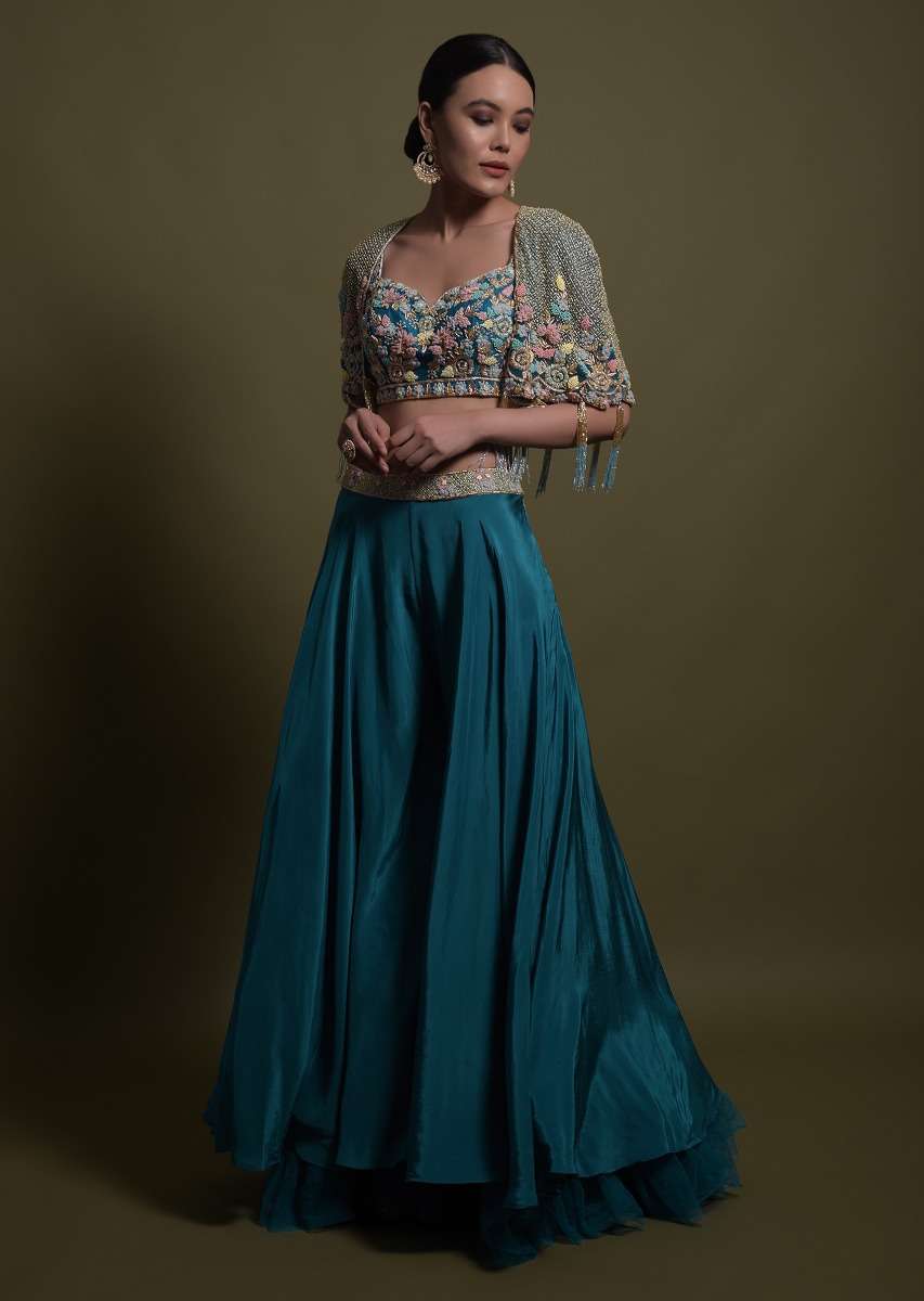 Seaside Blue Crop Top And Palazzo With Embossed Embroidery And Hand Crafted Cape