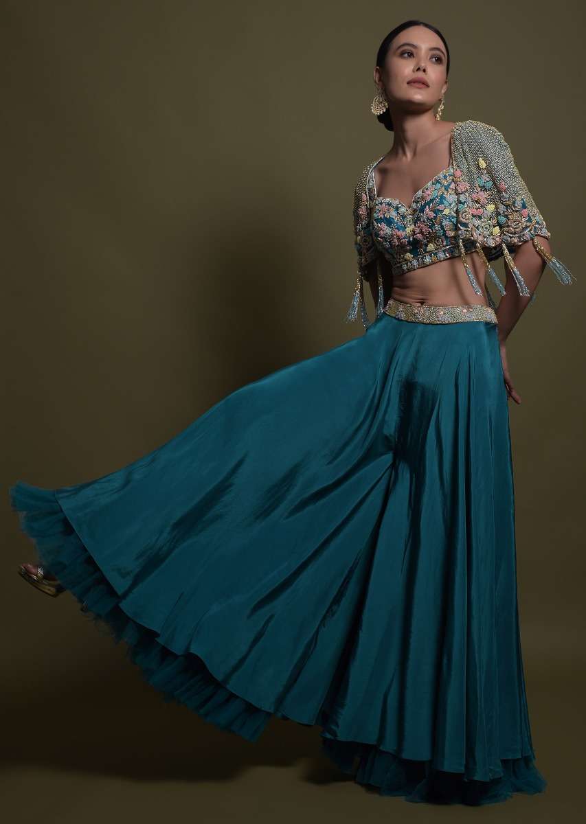 Seaside Blue Crop Top And Palazzo With Embossed Embroidery And Hand Crafted Cape