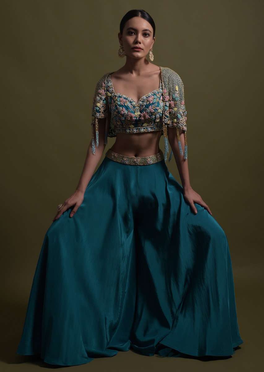 Seaside Blue Crop Top And Palazzo With Embossed Embroidery And Hand Crafted Cape