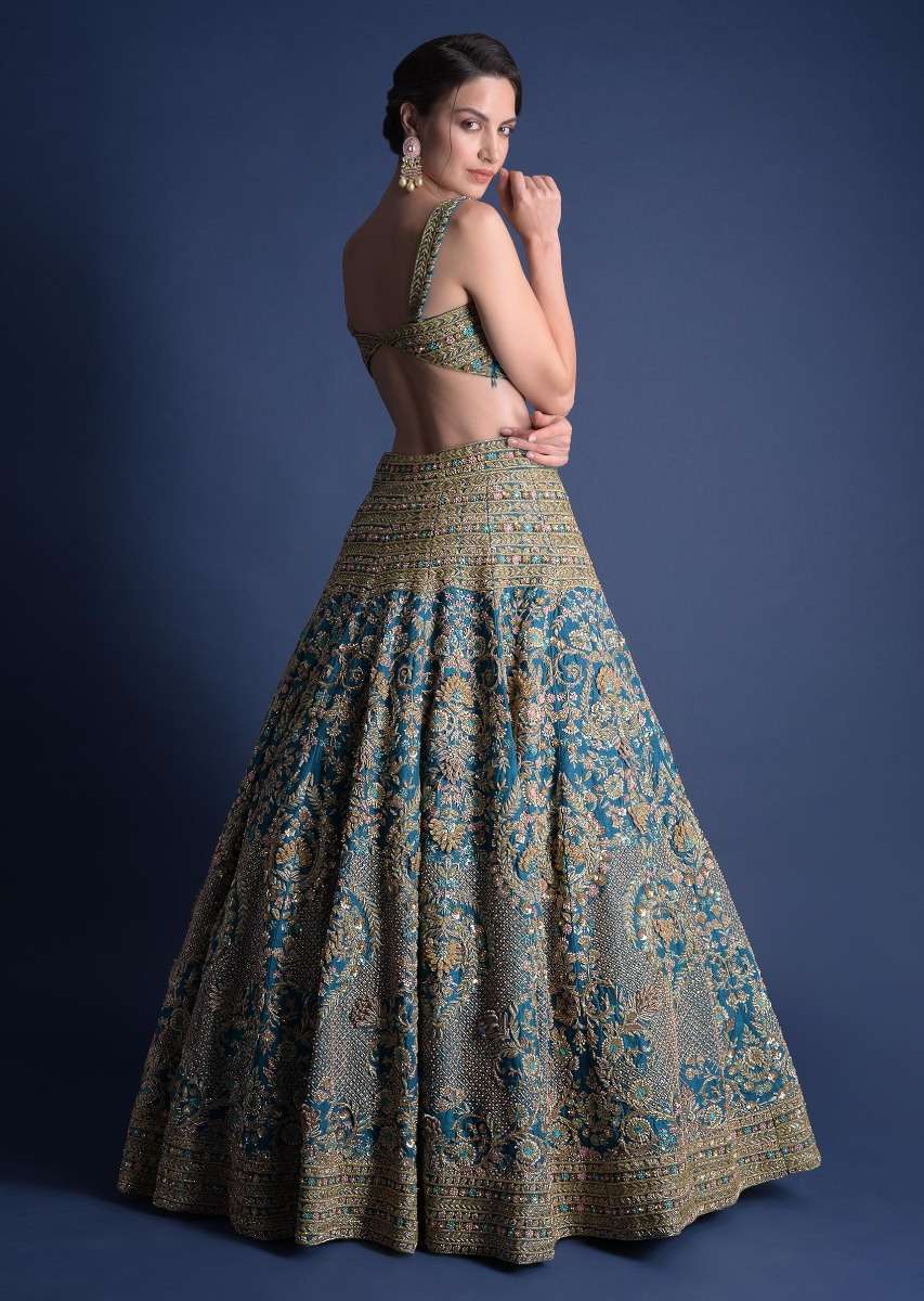 Seaside Blue Lehenga Choli With Heavy Hand Embellished Moroccan And Floral Pattern