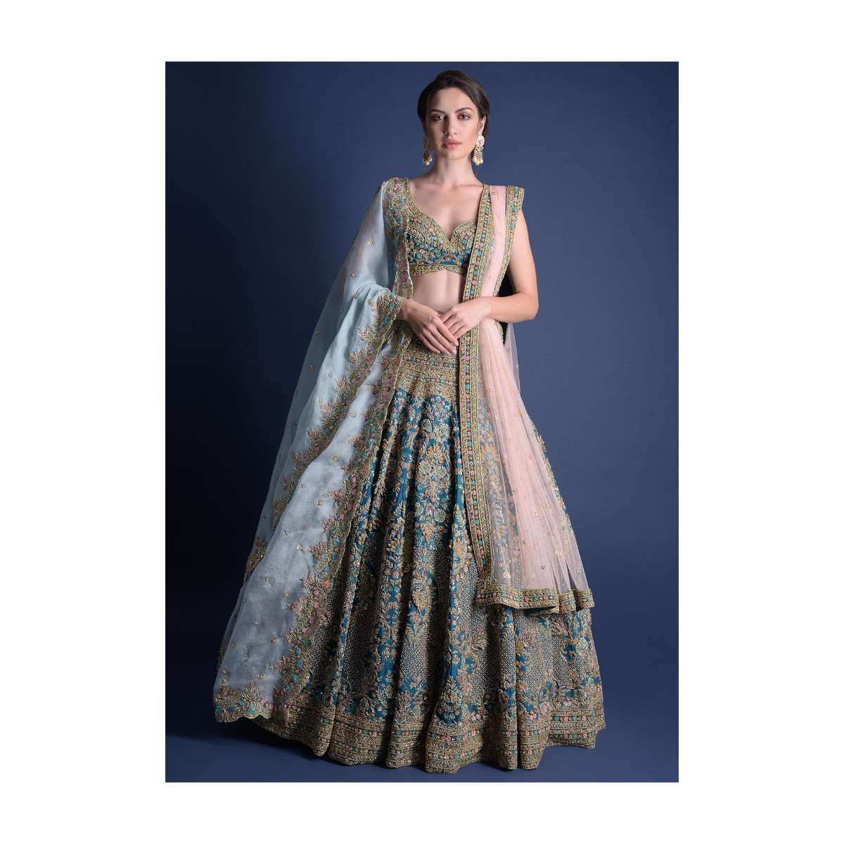 Seaside Blue Lehenga Choli With Heavy Hand Embellished Moroccan And Floral Pattern