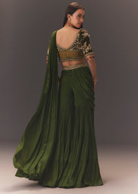Seaweed Green Hand Embroidered Drape Pallu Style Sharara Set