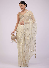 Beige White Saree In Organza With Foil Print And Embroidery