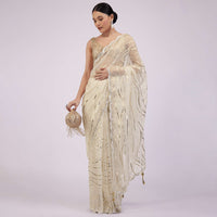 Beige White Saree In Organza With Foil Print And Embroidery