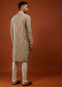 Tan Brown Embroidered Kurta Set With Mirror Work In Cotton Silk