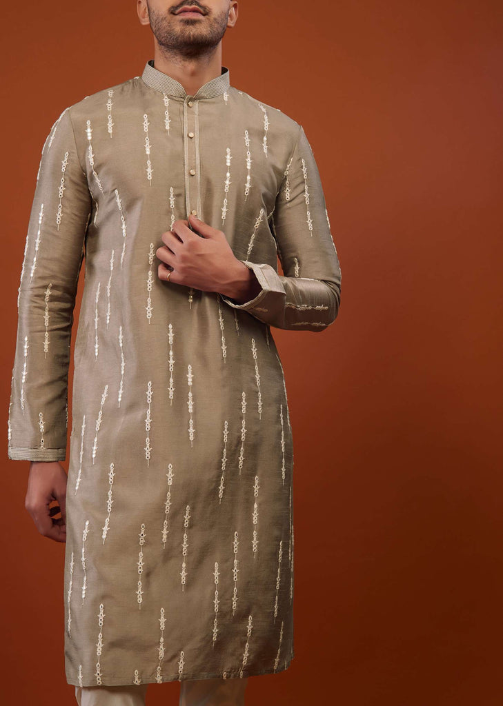 Tan Brown Embroidered Kurta Set With Mirror Work In Cotton Silk