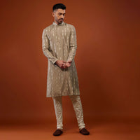 Tan Brown Embroidered Kurta Set With Mirror Work In Cotton Silk