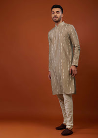 Tan Brown Embroidered Kurta Set With Mirror Work In Cotton Silk