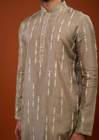Tan Brown Embroidered Kurta Set With Mirror Work In Cotton Silk