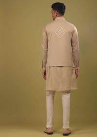 Sesame Beige Mirrorwork Bandi Jacket Set In Art Silk