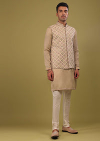 Sesame Beige Mirrorwork Bandi Jacket Set In Art Silk