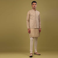 Sesame Beige Mirrorwork Bandi Jacket Set In Art Silk