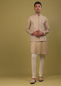 Sesame Beige Mirrorwork Bandi Jacket Set In Art Silk