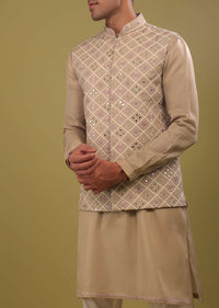 Sesame Beige Mirrorwork Bandi Jacket Set In Art Silk