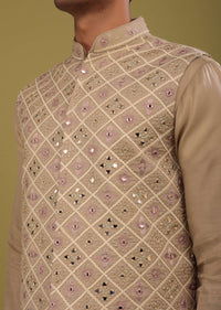 Sesame Beige Mirrorwork Bandi Jacket Set In Art Silk