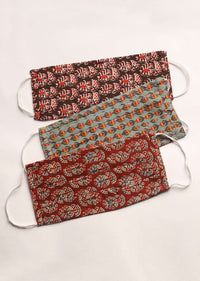 Set Of Three Cotton Face Masks In Assorted Colours With Beautiful Block Printed Floral Buttis Online - Kalki Fashion