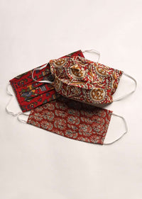 Set Of Three Cotton Face Masks In Assorted Colours With Ethnic Block Print Online - Kalki Fashion